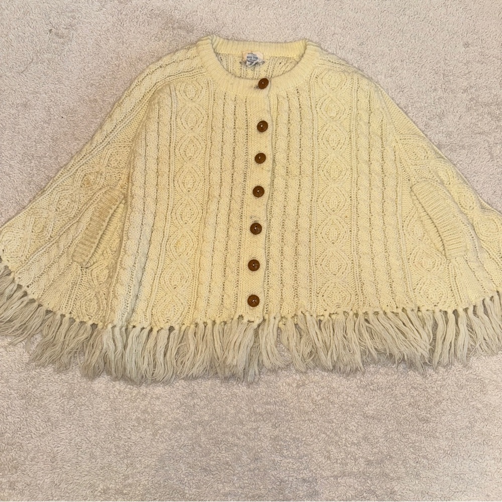 May Knit Girl’s Vintage Cream Poncho Cape with Fringe